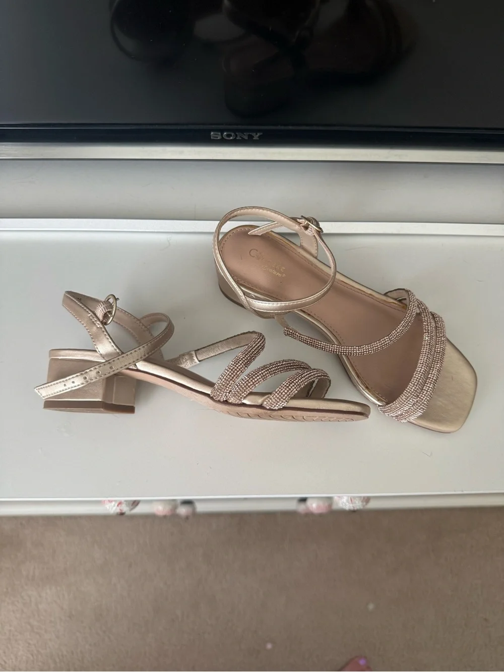 Girl’s Metallic Strappy Sandals with Beaded Accent - rose Gold/gold